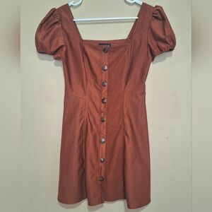 Sequin Hearts Rust Button-Front Short Cap Elastic Sleeve Fit And Flare Dress
